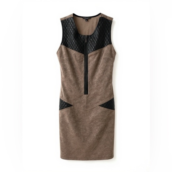 Alberto Makali Quilted Faux Leather Contrast Sheath Dress | Size M | Taupe Black - Picture 2 of 7